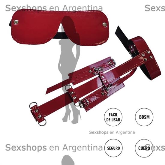 Kit de ecocuero rojo inmobilizador con esposas y antifaz